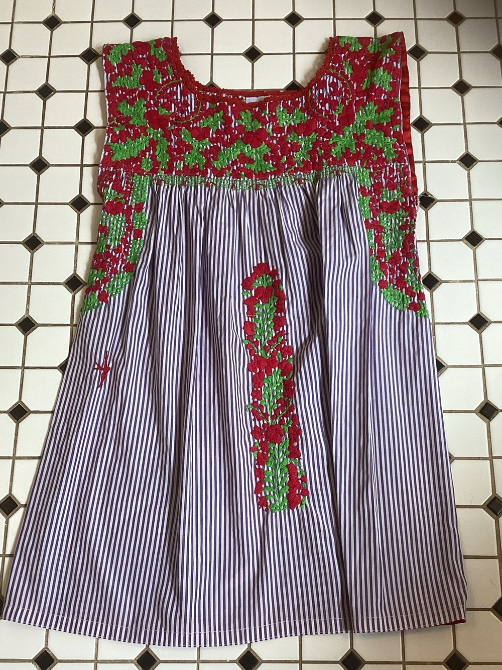 Mi Golondrina Red & Green with Purple and White Embroidered Floral Yoke top